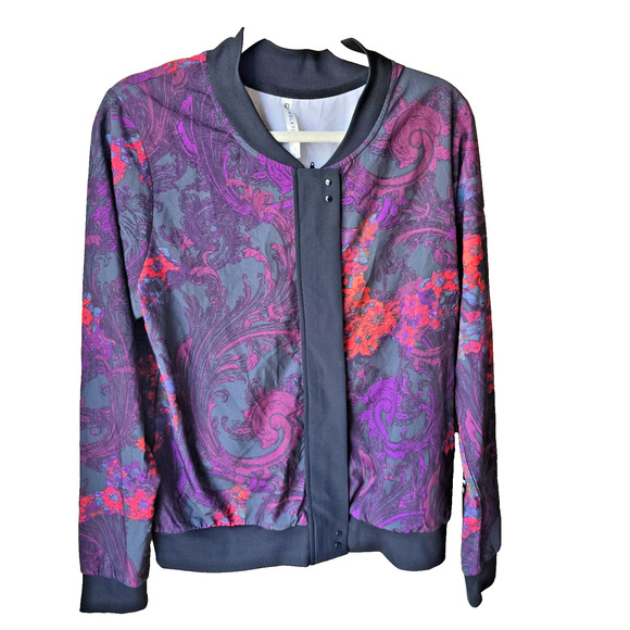 Fabletics Black Purple Orange Bomber Jacket Zip Up  Size Large - Picture 1 of 8